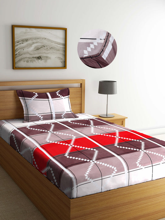 Arrabi Multi Geometric TC Cotton Blend Single Size Fitted Bedsheet with 1 Pillow Cover (220 X 150 cm)