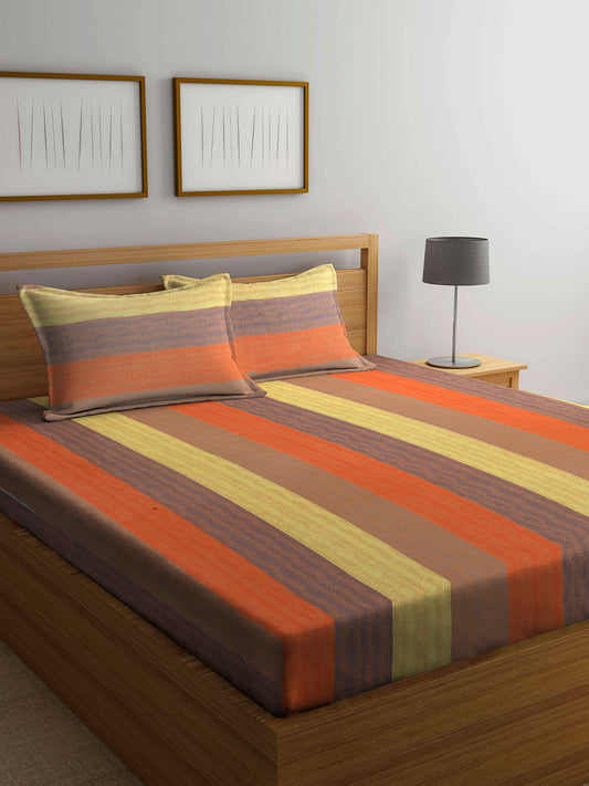 Arrabi Multi Stripes Handwoven Cotton King Size Bedsheet with 2 Pillow Covers (260 X 230 cm)