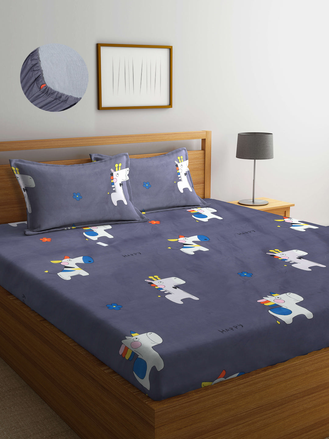 Arrabi Grey Cartoon TC Cotton Blend King Size Fitted Bedsheet with 2 Pillow Covers (250 X 215 Cm )