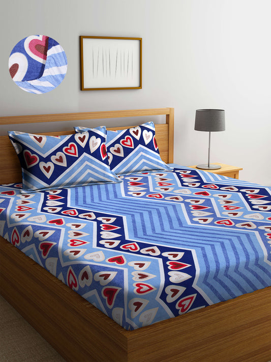 Arrabi Blue Graphic TC Cotton Blend Double Size Fitted Bedsheet with 2 Pillow Covers (250 X 220 cm)