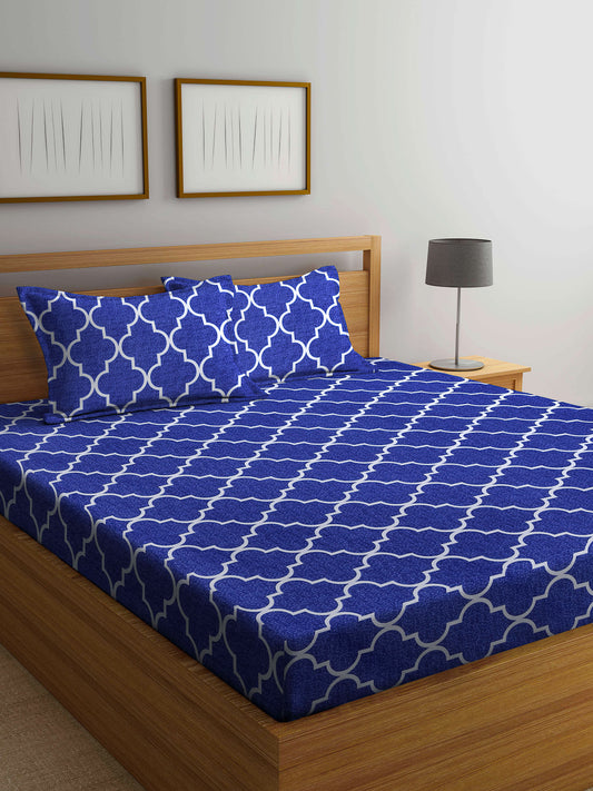 Arrabi Blue Indian TC Cotton Blend Double Size Bedsheet with 2 Pillow Covers