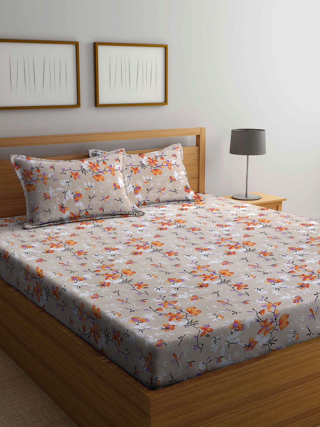 Arrabi Beige Floral TC Cotton Blend Double Size Bedsheet with 2 Pillow Covers (250 x 220 cm)