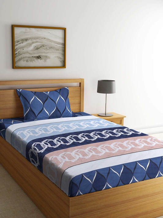 Arrabi Multi Graphic TC Cotton Blend Single Size Bedsheet with 1 Pillow Cover (220 X 150 cm)