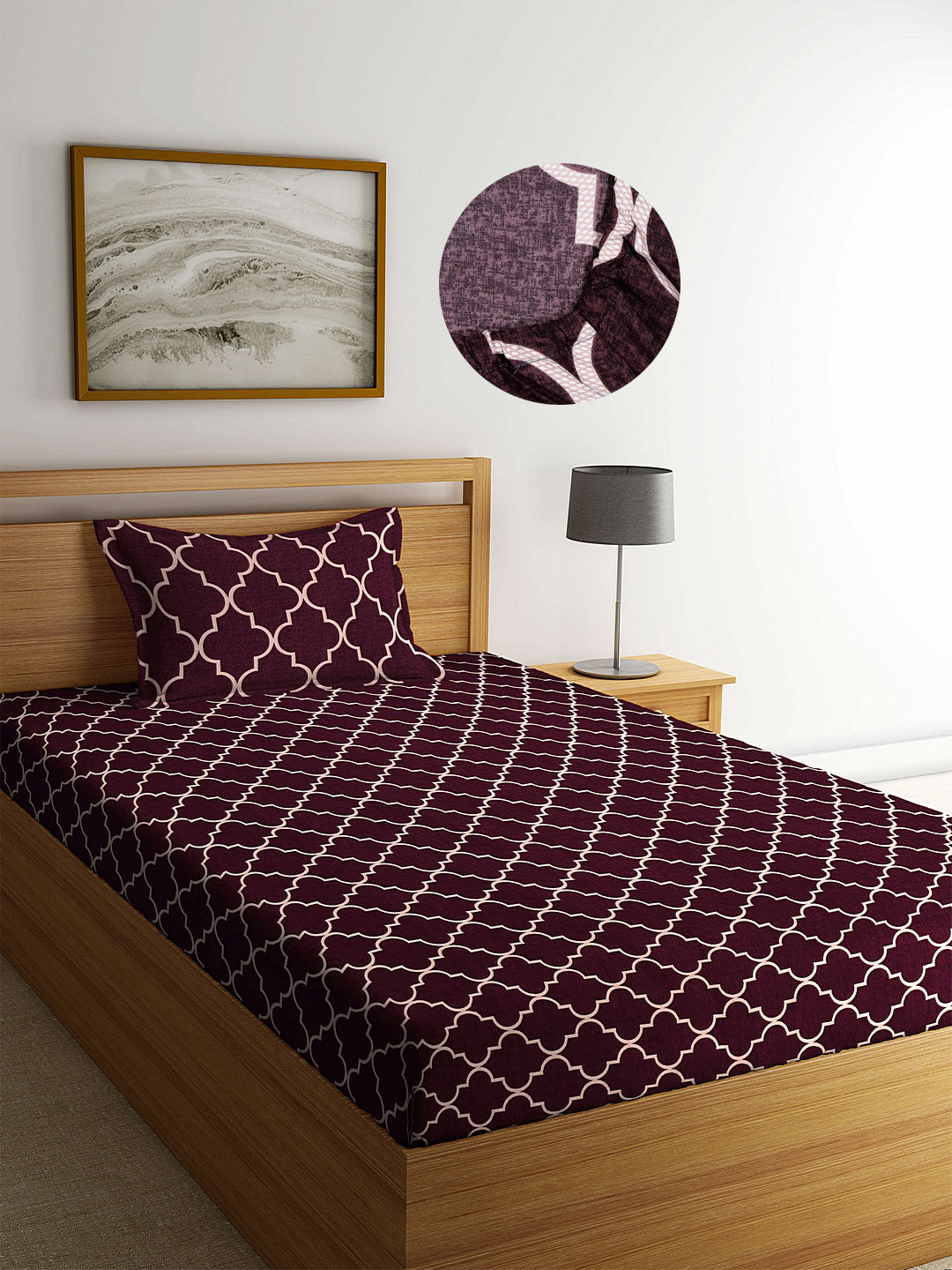Arrabi Brown Graphic TC Cotton Blend Single Size Fitted Bedsheet with 1 Pillow Cover (220 X 150 cm)