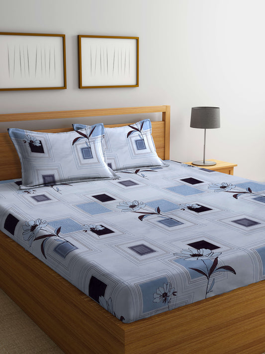 Arrabi White Floral TC Cotton Blend King Size Bedsheet with 2 Pillow Covers (250 X 220 cm)