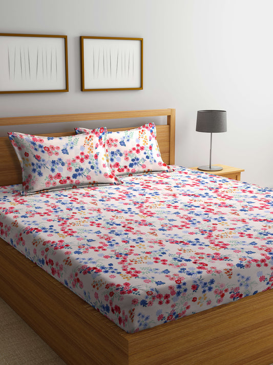 Arrabi Pink Floral TC Cotton Blend King Size Bedsheet with 2 Pillow Covers (250 X 215 cm)