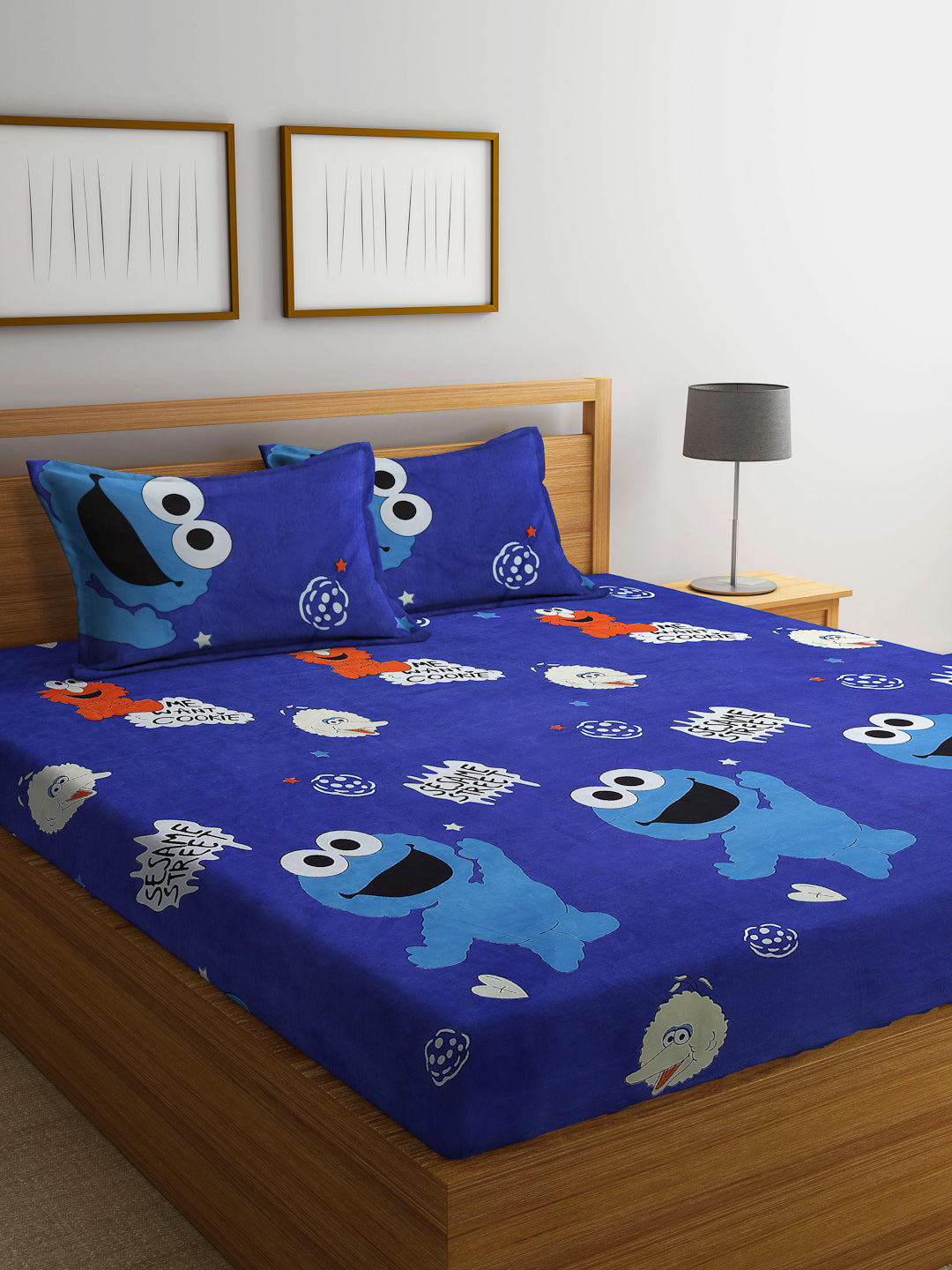 Arrabi Blue Cartoon TC Cotton Blend King Size Bedsheet with 2 Pillow Covers (250 X 220 cm)
