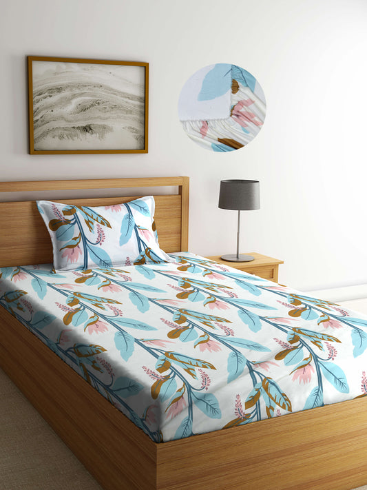 Arrabi Multi Leaf TC Cotton Blend Single Size Fitted Bedsheet with 1 Pillow Cover (220 X 150 cm)