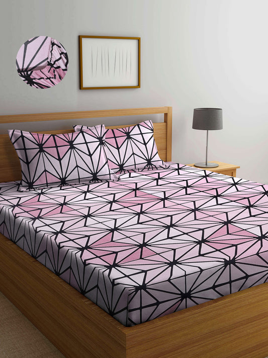 Arrabi Pink Graphic TC Cotton Blend Super King Size Fitted Bedsheet with 2 Pillow Covers (260 X 260 Cm )