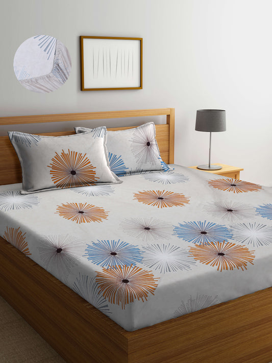 Arrabi Beige Floral TC Cotton Blend King Size Fitted Bedsheet with 2 Pillow Covers(250 X 215 Cm )