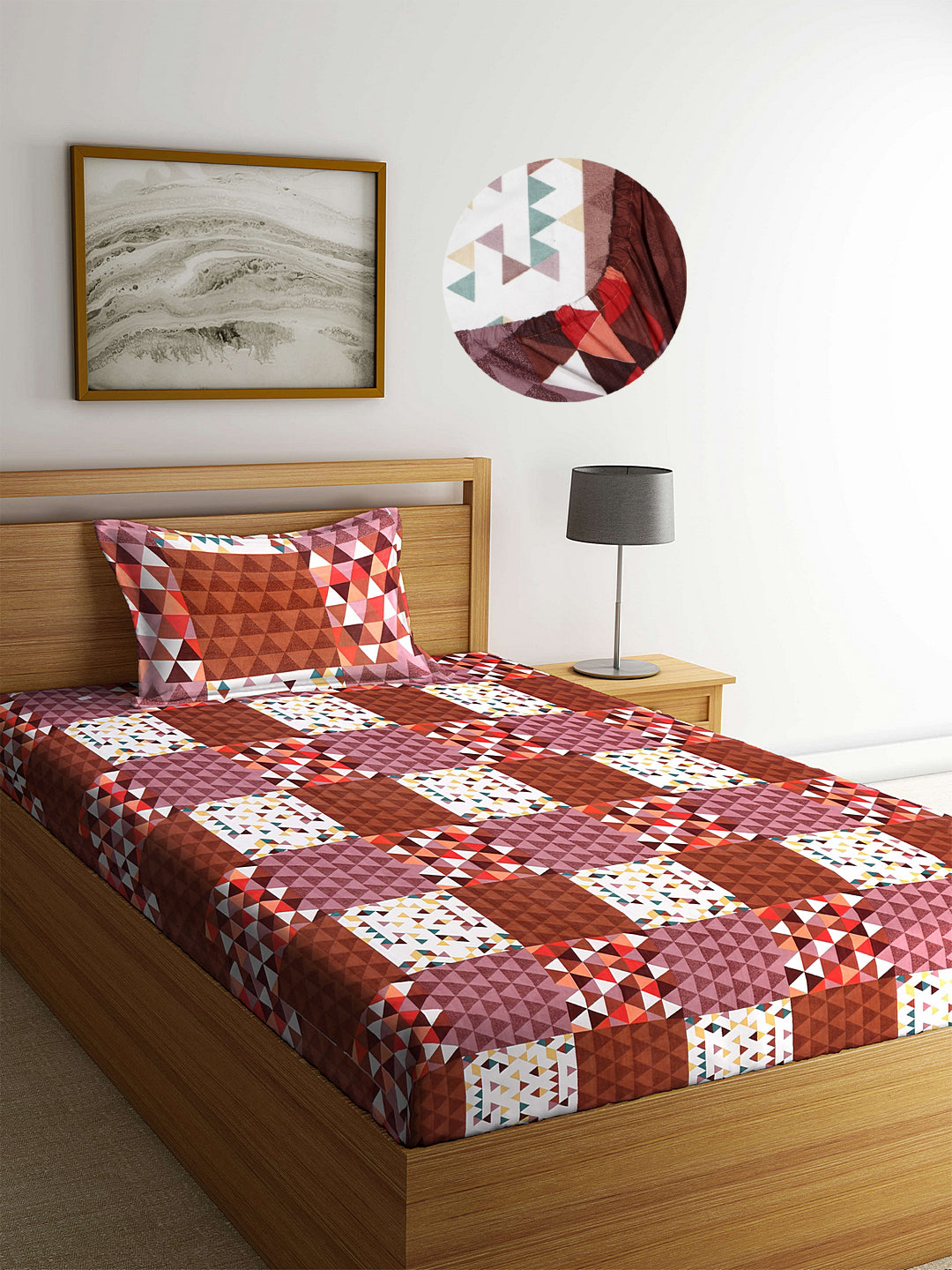 Arrabi Brown Geometric TC Cotton Blend Single Size Fitted Bedsheet with 1 Pillow Cover (220 X 150 cm)