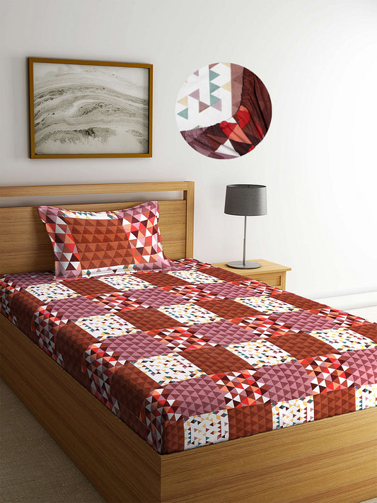 Arrabi Brown Geometric TC Cotton Blend Single Size Fitted Bedsheet with 1 Pillow Cover (220 X 150 cm)