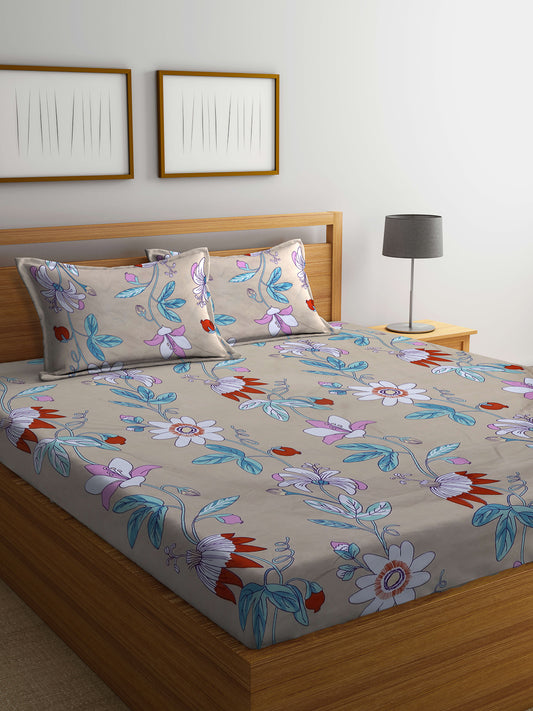 Arrabi Brown Floral TC Cotton Blend King Size Bedsheet with 2 Pillow Covers (250 X 215 cm)