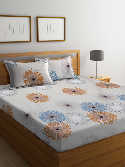 Arrabi Beige Graphic TC Cotton Blend King Size Bedsheet with 2 Pillow Covers (250 X 215 cm)
