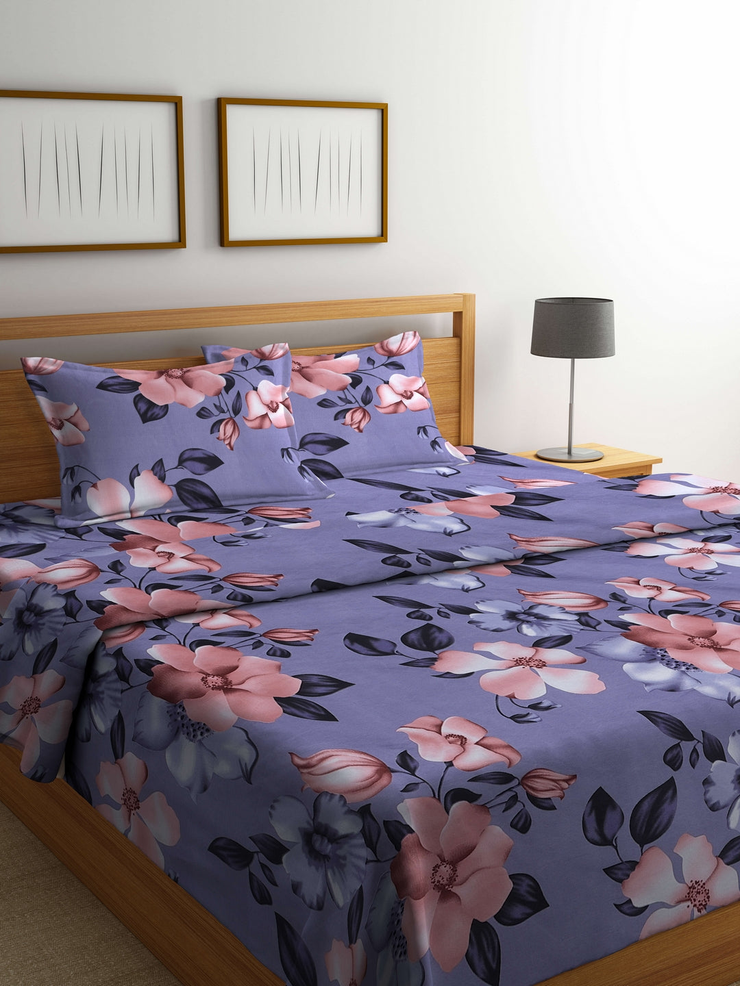Arrabi Purple Floral TC Cotton Blend Double Size Comforter Bedding Set with 2 Pillow Cover