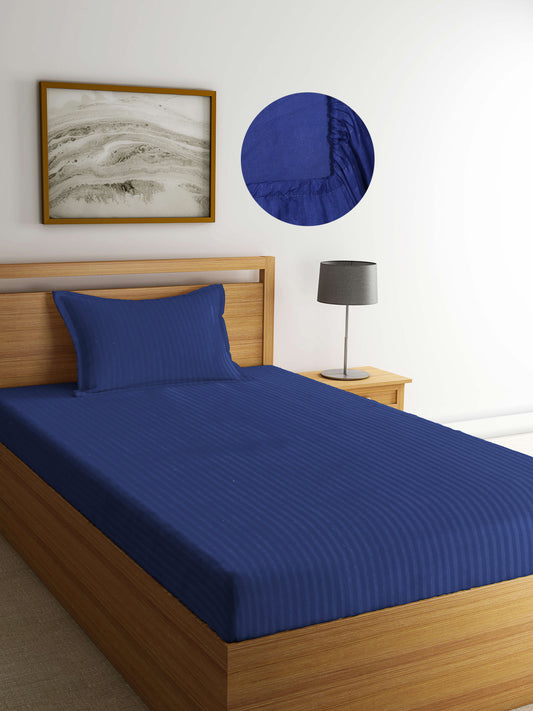 Arrabi Blue Stripes TC Cotton Blend Single Size Fitted Bedsheet with 1 Pillow Cover (220 X 150 cm)