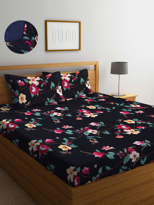 Arrabi Black Floral TC Cotton Blend Double Size Fitted Bedsheet with 2 Pillow Covers (250 X 220 cm)
