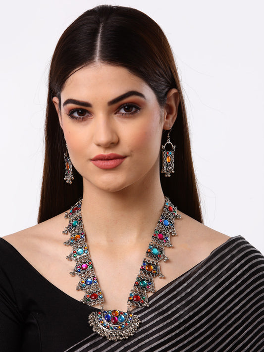 Arrabi Multi Meenakari Jewellery Set with 2 Earrings (30 cm)
