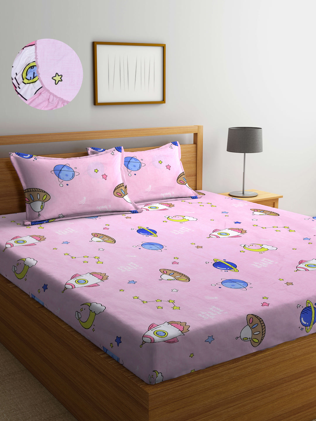 Arrabi Pink Cartoon TC Cotton Blend King Size Fitted Bedsheet with 2 Pillow Covers(250 X 215 Cm )