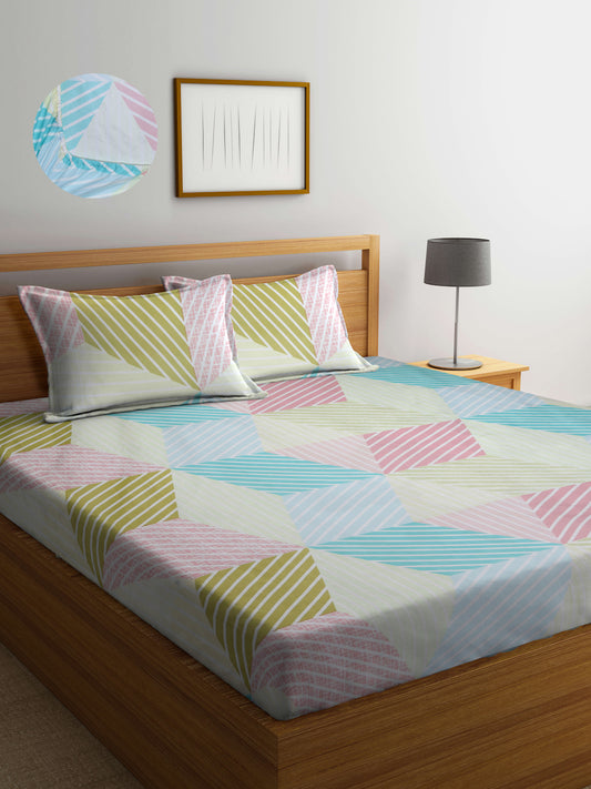 Arrabi Multi Geometric TC Cotton Blend King Size Fitted Bedsheet with 2 Pillow Covers(250 X 215 Cm )