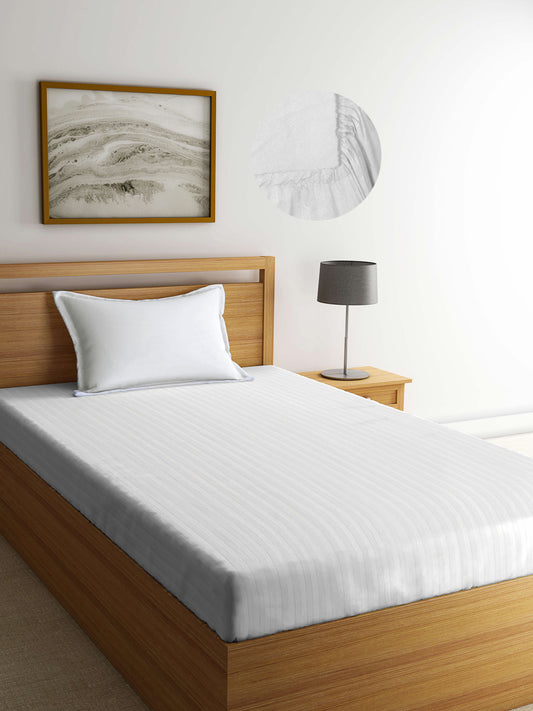 Arrabi White Stripes TC Cotton Blend Single Size Fitted Bedsheet with 1 Pillow Cover (220 X 150 cm)