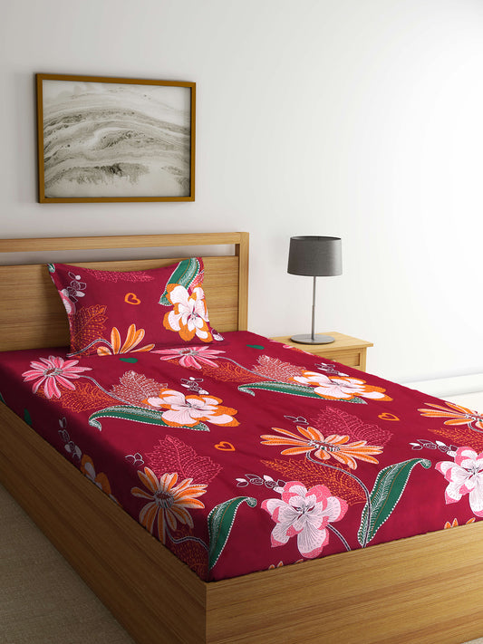 Arrabi Red Floral TC Cotton Blend Single Size Bedsheet with 1 Pillow Cover (220 X 150 cm)
