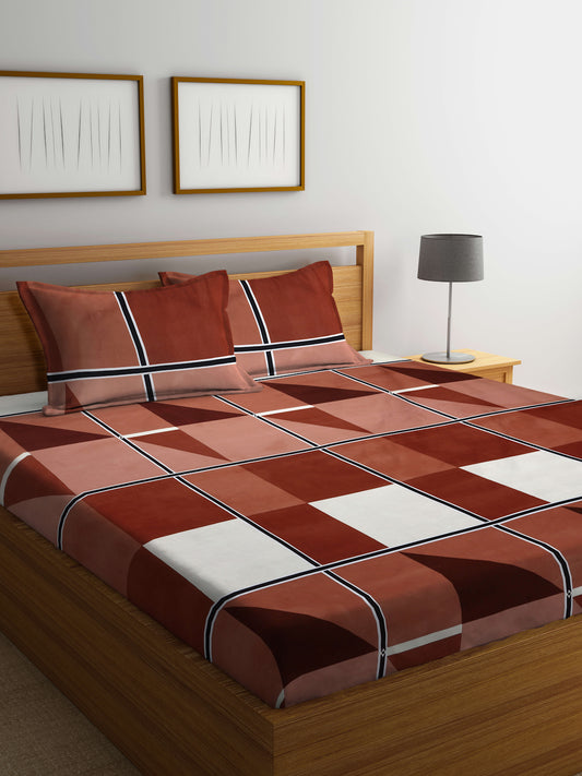 Arrabi Brown Geometric TC Cotton Blend Super King Size Bedsheet with 2 Pillow Covers (270 X 260 cm)
