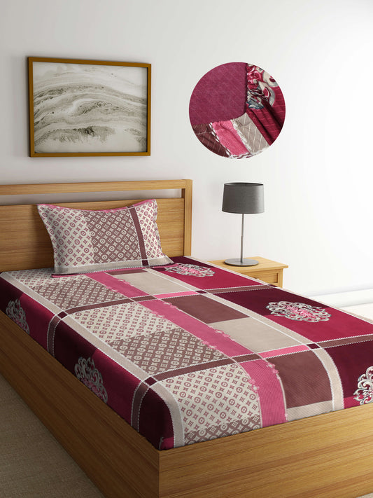Arrabi Multi Indian TC Cotton Blend Single Size Fitted Bedsheet with 1 Pillow Cover (220 X 150 cm)