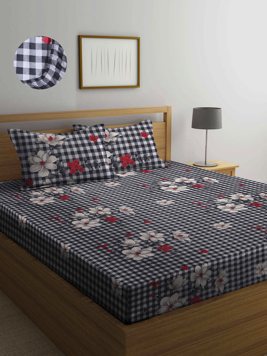 Arrabi Black Geometric TC Cotton Blend Double Size Fitted Bedsheet with 2 Pillow Covers (250 X 220 cm)