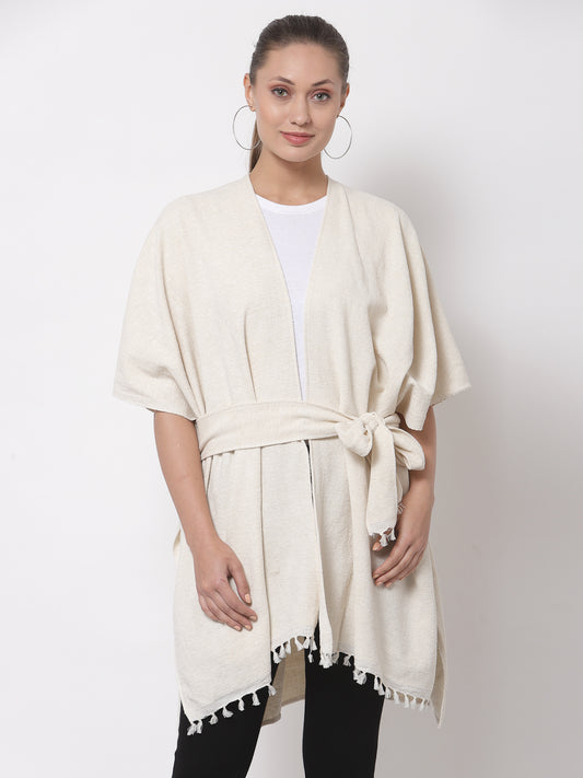 Arrabi Cream Solid Cotton Chenille Full Size Shrug with Belt (160 x 100 cm)