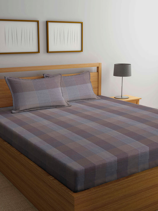 Arrabi Beige Check Handwoven Cotton King Size Bedsheet with 2 Pillow Covers (260 X 250 cm)