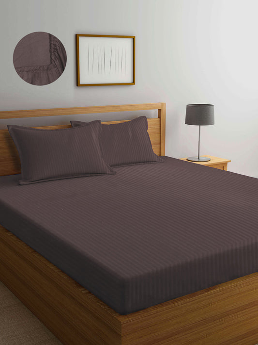 Arrabi Brown Stripes TC Cotton Blend Double Size Fitted Bedsheet with 2 Pillow Covers (250 X 220 cm)