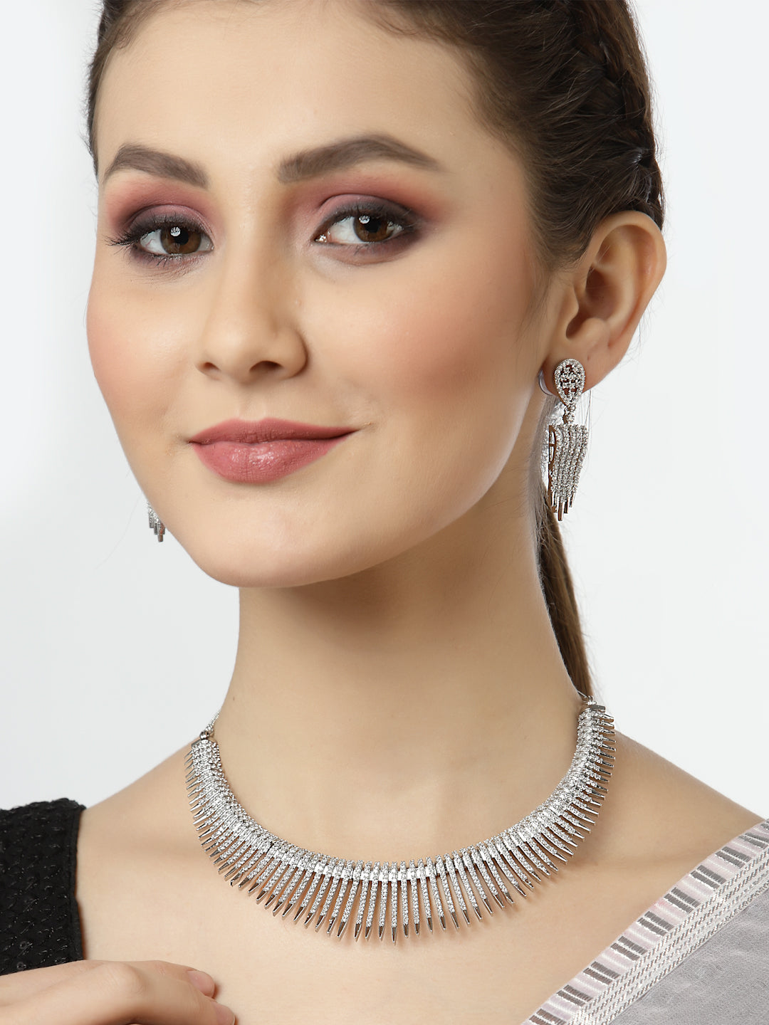 Arrabi Silver American Diamond Jewellery Set with 2 Earrings(30 cm)