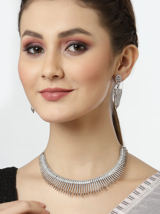 Arrabi Silver American Diamond Jewellery Set with 2 Earrings(30 cm)