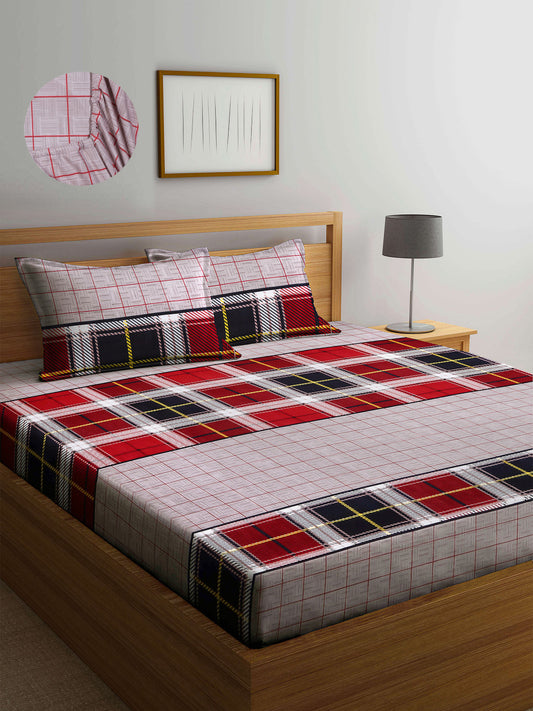 Arrabi Grey Geometric TC Cotton Blend Super King Size Fitted Bedsheet with 2 Pillow Covers(270 X 260 Cm )