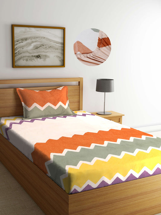 Arrabi Brown Geometric TC Cotton Blend Single Size Fitted Bedsheet with 1 Pillow Cover (220 X 150 cm)