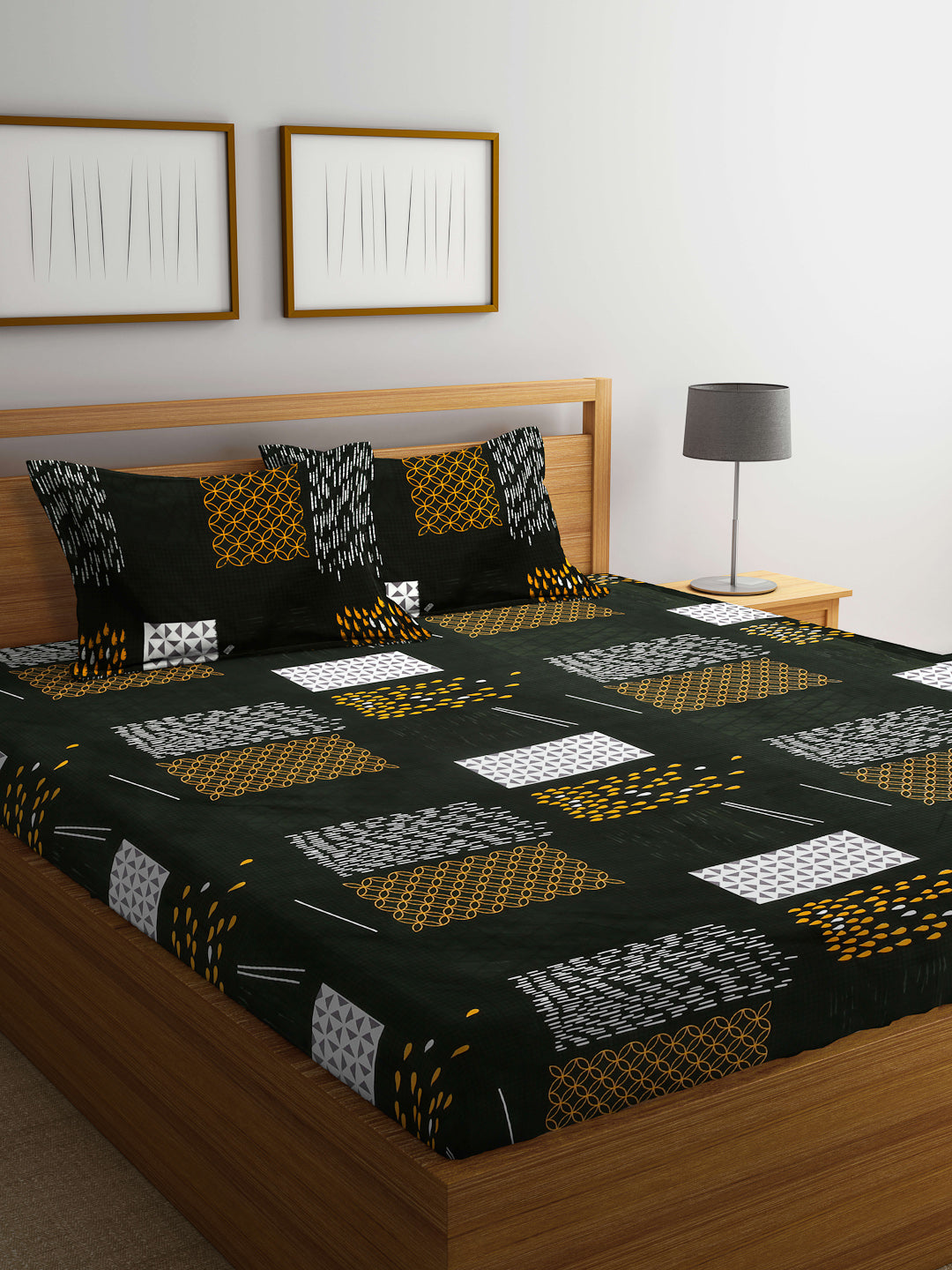 Arrabi Green Abstract TC Cotton Blend King Size Bedsheet with 2 Pillow Covers (250 X 220 cm)