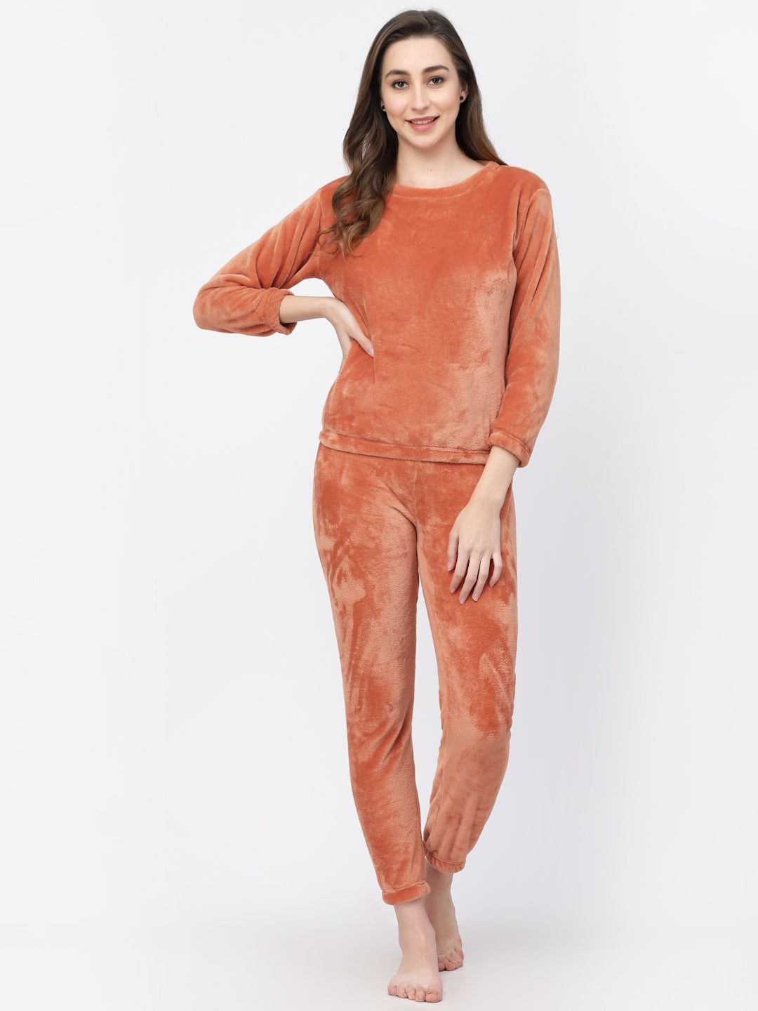 Arrabi Women Orange Wool Blend Solid Winter Night Suit
