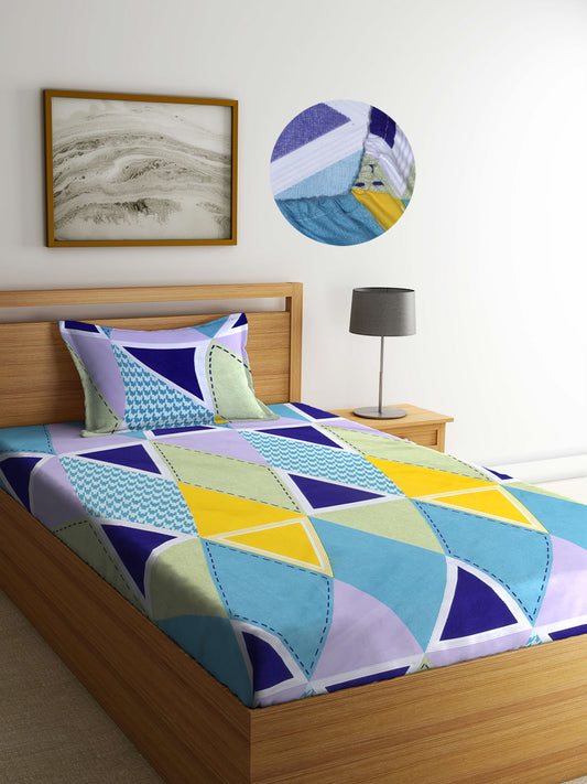 Arrabi Multi Geometric TC Cotton Blend Single Size Fitted Bedsheet with 1 Pillow Cover (220 X 150 cm)