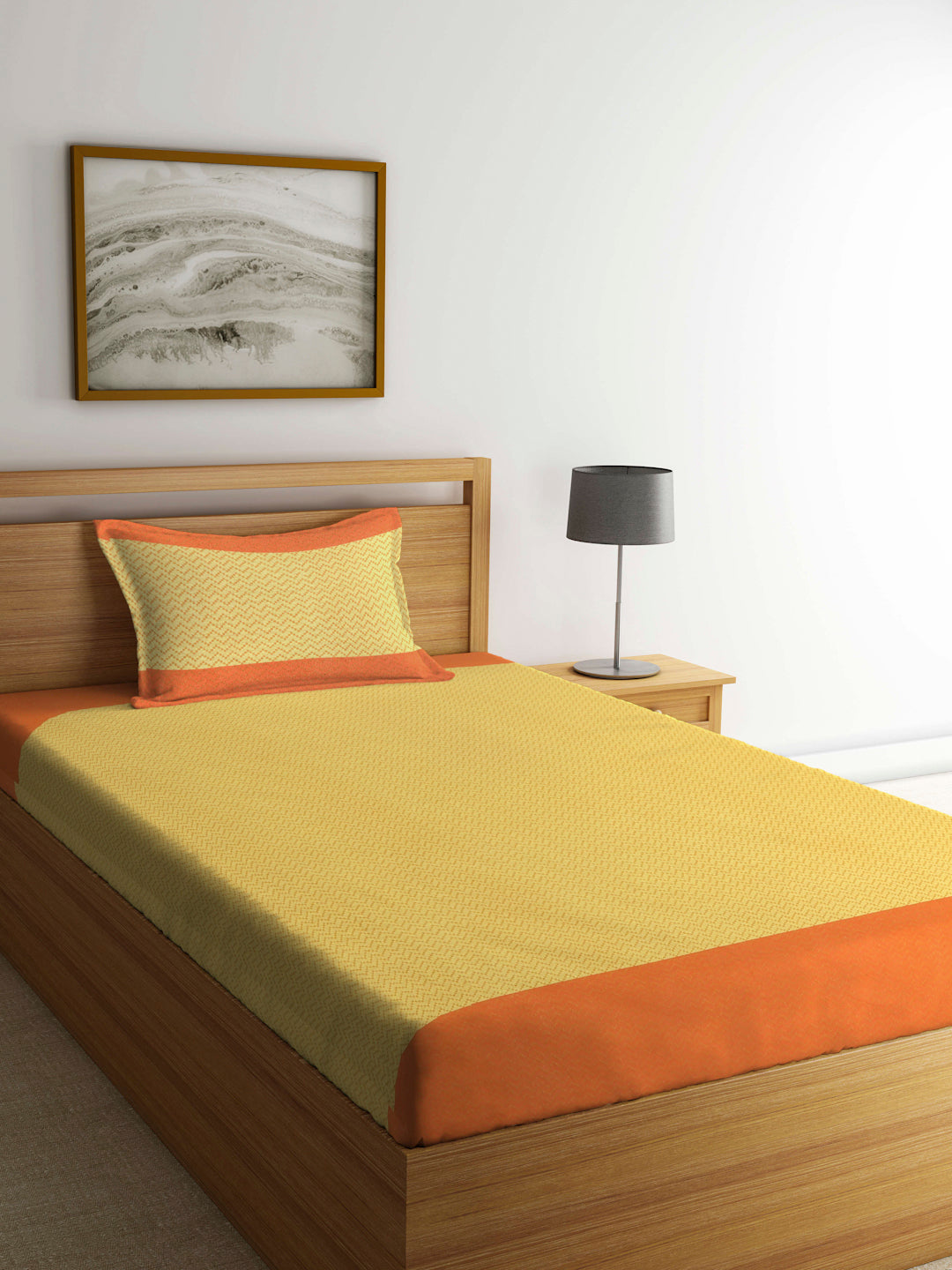 Arrabi Orange Stripes Handwoven Cotton Single Size Bedsheet with 1 Pillow Cover ( 225 X 150 cm)