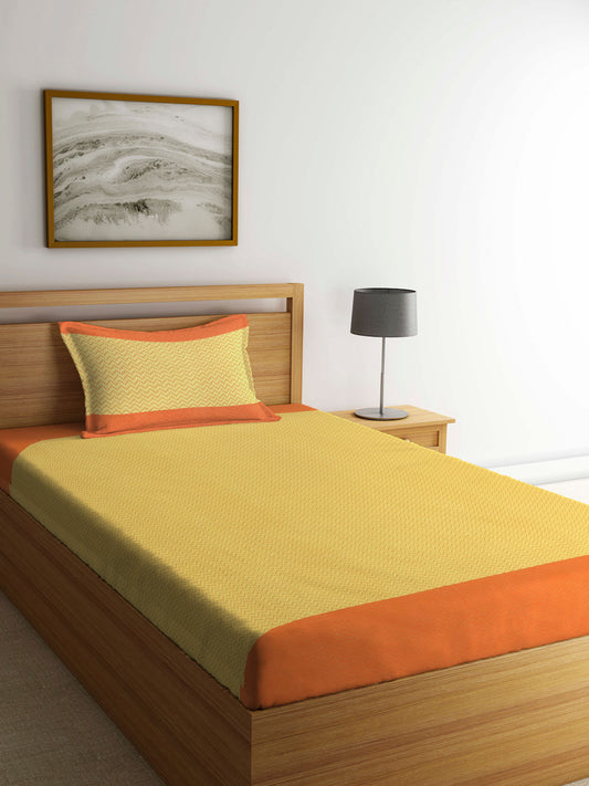 Arrabi Orange Stripes Handwoven Cotton Single Size Bedsheet with 1 Pillow Cover ( 225 X 150 cm)