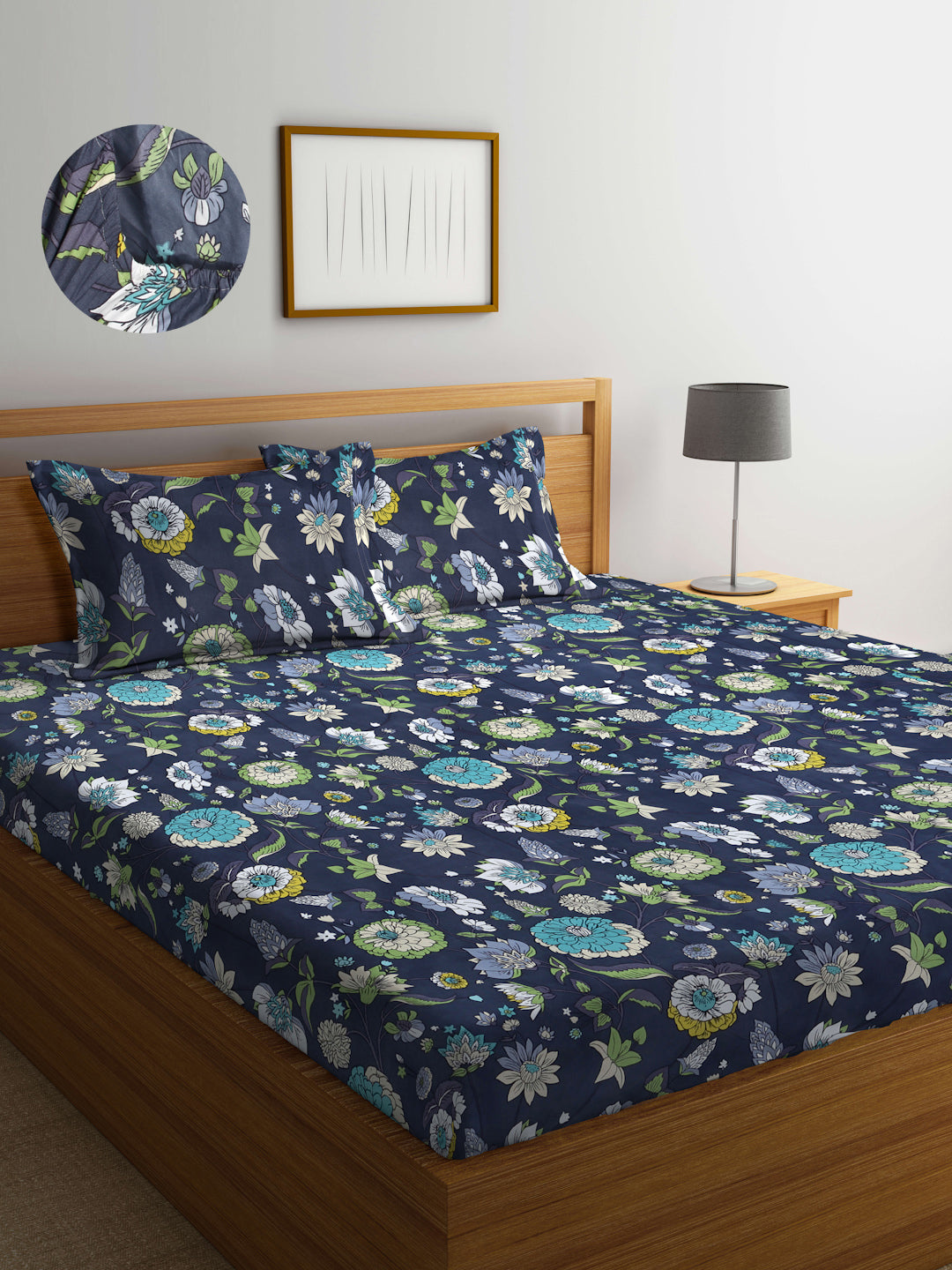 Arrabi Grey Floral TC Cotton Blend Super King Size Fitted Bedsheet with 2 Pillow Covers(270 X 260 Cm )