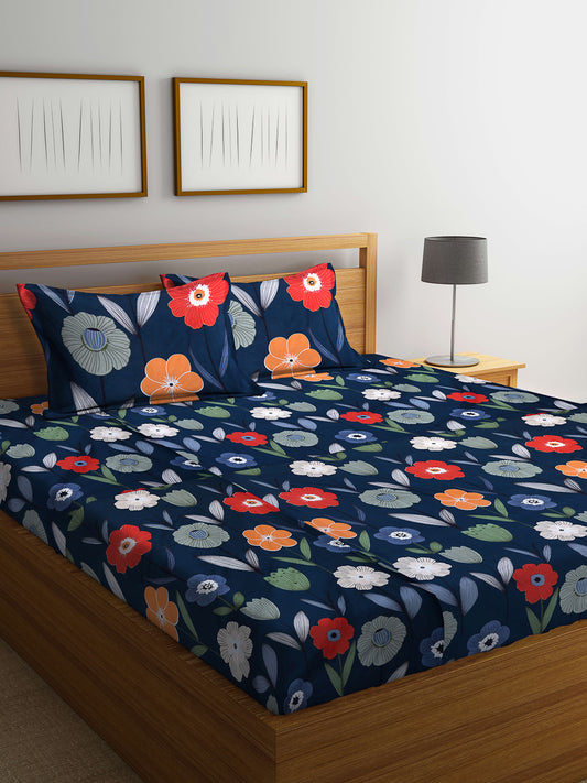 Arrabi Green Floral TC Cotton Blend King Size Bedsheet with 2 Pillow Covers (250 X 215 cm)