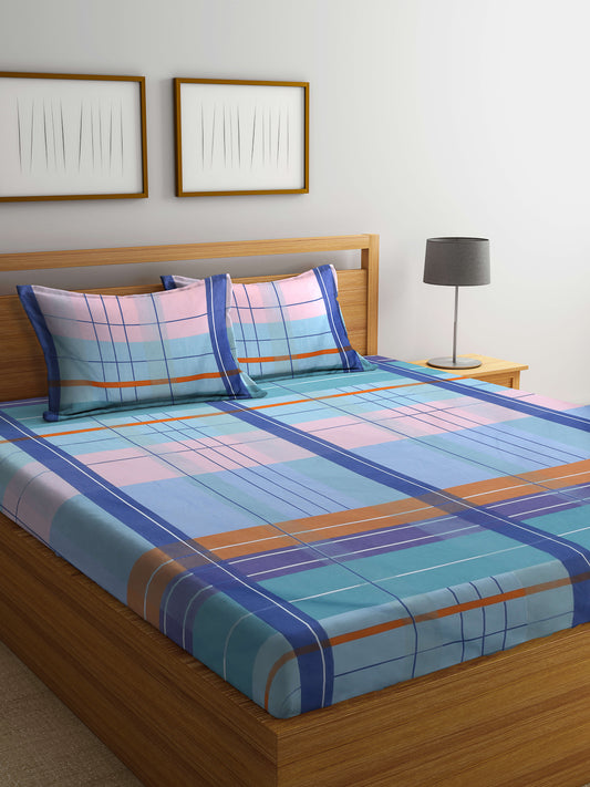 Arrabi Multi Checks TC Cotton Blend King Size Bedsheet with 2 Pillow Covers (250 X 215 cm)