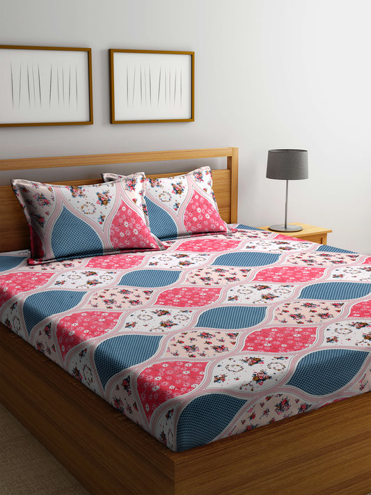 Arrabi Multi Graphics TC Cotton Blend Double Size Bedsheet with 2 Pillow Cover