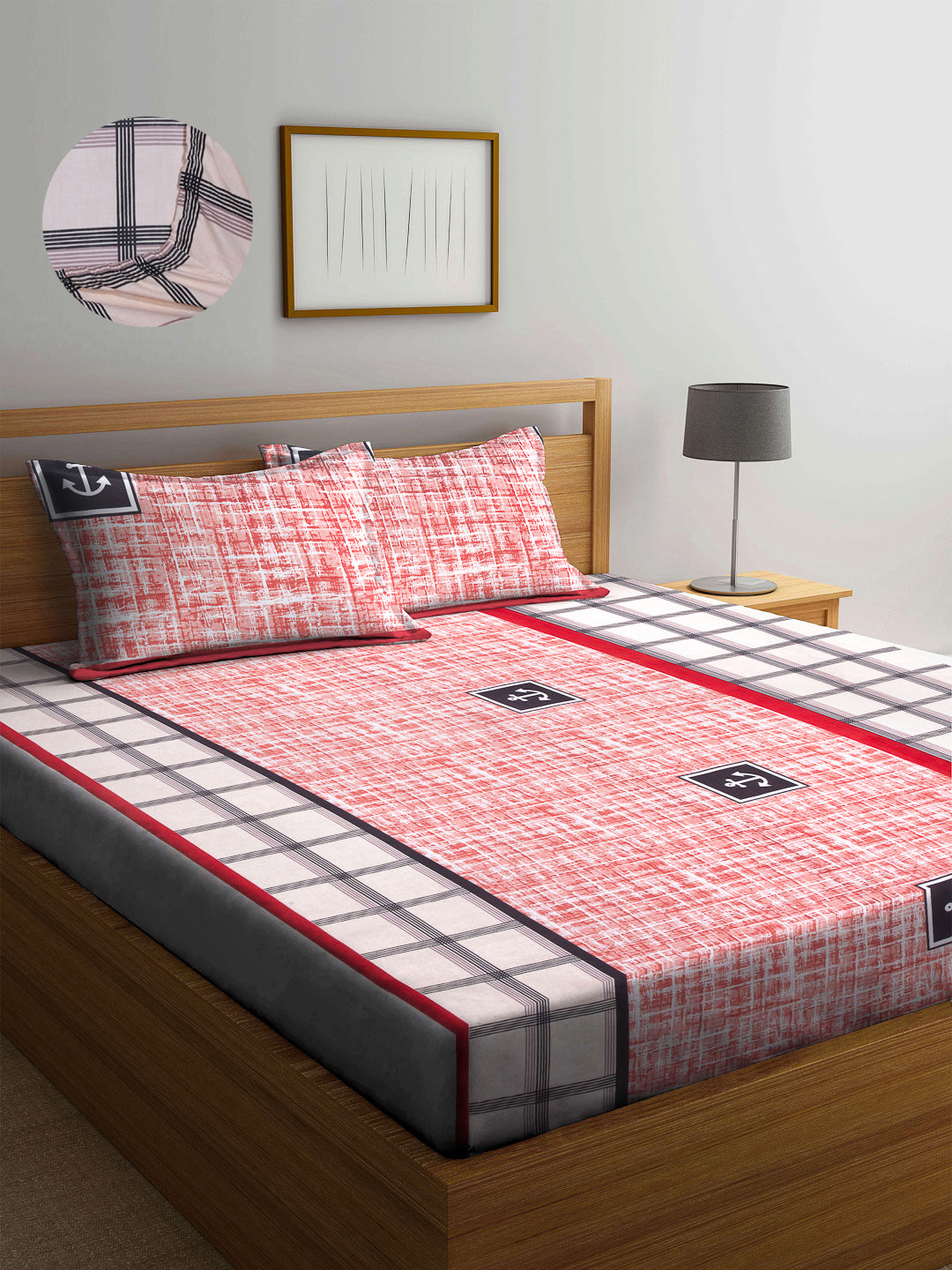 Arrabi Multi Geometric TC Cotton Blend King Size Fitted Bedsheet with 2 Pillow Covers(250 X 215 Cm )