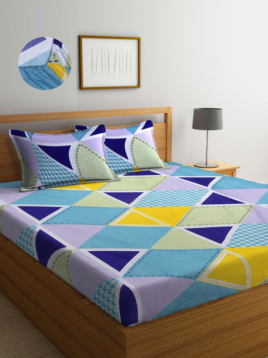 Arrabi Multi Geometric TC Cotton Blend King Size Fitted Bedsheet with 2 Pillow Covers (250 X 215 Cm )