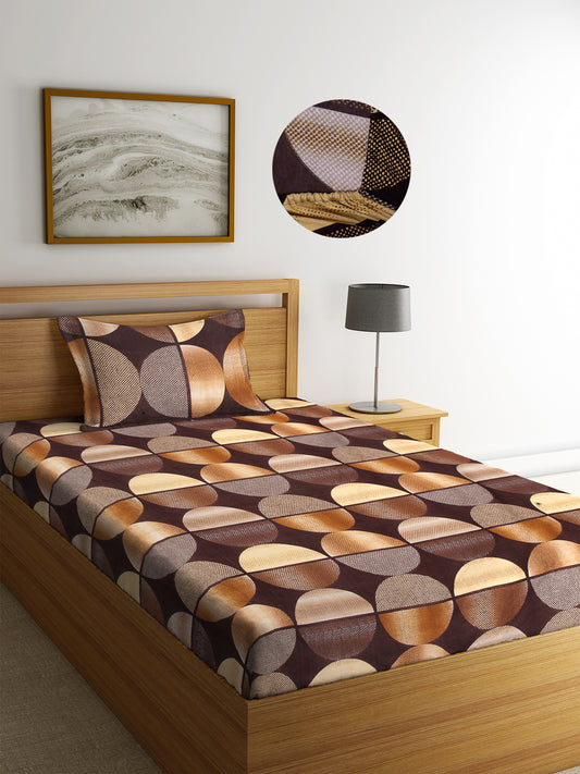 Arrabi Brown Geometric TC Cotton Blend Single Size Fitted Bedsheet with 1 Pillow Cover (220 X 150 cm)