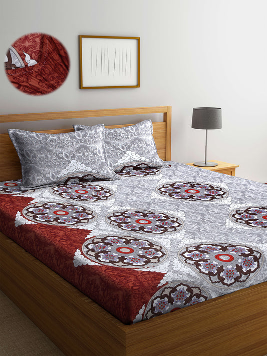 Arrabi Grey Indian TC Cotton Blend Double Size Fitted Bedsheet with 2 Pillow Cover ( 250 x 225 cm)