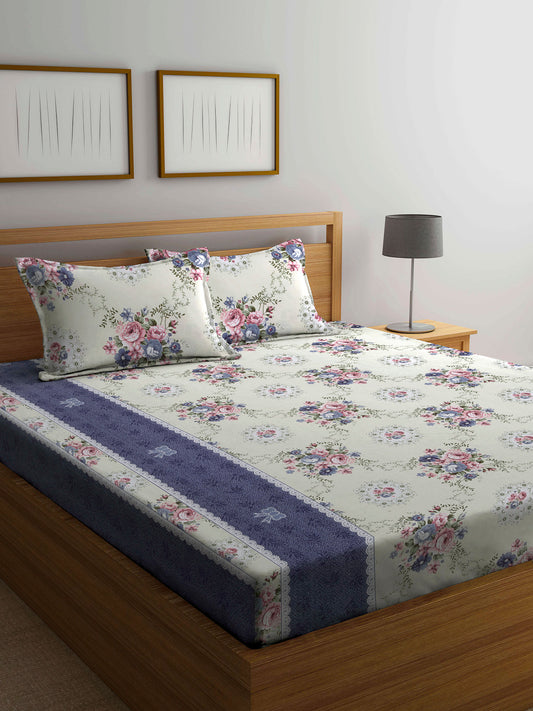 Arrabi Multi Floral TC Cotton Blend Double Size Bedsheet with 2 Pillow Cover